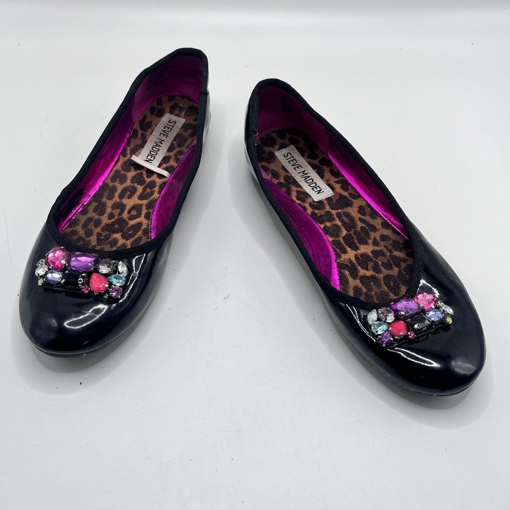 Steve Madden Girls Black Patent Jeweled Ballet Flats Leopard Print Size 4 Kids